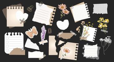 Scraps paper note sheet torn from notebook set. Scrapbooking elements, pieces of torn paper wild flowers, butterfly,lavender plants, in vintage colors. Trendy collage set, retro modern stickers vector