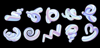 Holographic color 3d shapes and elements set for design. Abstract holographic brush blend strokes figures swirls, zigzag, merpentine heart, Liquid shapes with trendy gradient set. illustration vector