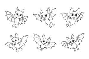 Set of cute funny bat characters for coloring. Bat collection, sketch, outline drawing for coloring book vector