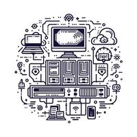 Futuristic Computer Illustration with Tech Elements. Line Art Computer with Tech Accessories vector