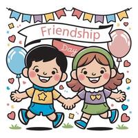 Cute Friendship Day Celebration with Kids Holding Balloons Illustration. Best Friends Forever Cartoon for Friendship vector