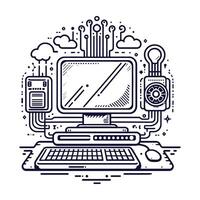 Futuristic Computer Illustration with Tech Elements. Line Art Computer with Tech Accessories vector