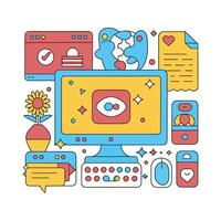 Futuristic Computer Illustration with Tech Elements. Line Art Computer with Tech Accessories vector