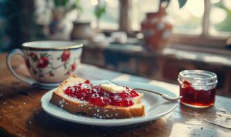 Apple jam on a slice of bread with butter photo