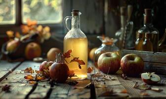 Apple syrup in a bottle with a wooden stopper on a rustic table photo