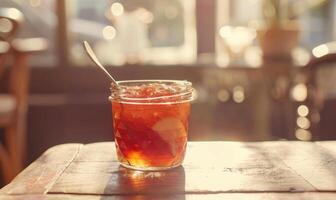 Apple jam in a clear jar with a small spoon inside photo