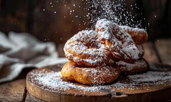 Apple fritters with a dusting of powdered sugar on a rustic wooden board photo