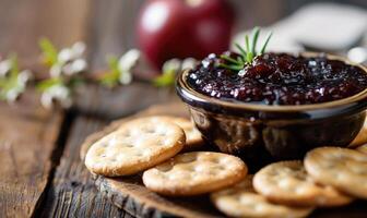Apple jam in a small bowl with crackers for dipping photo