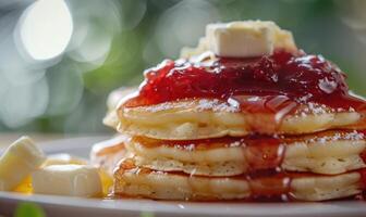 Apple jam on a stack of pancakes with butter melting on top photo