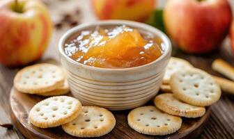 Apple jam in a small bowl with crackers for dipping photo