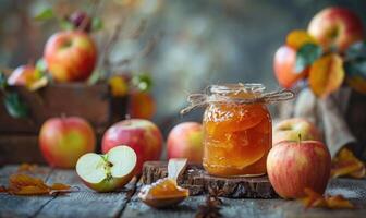 Apple jam in a glass jar with a ribbon tied photo