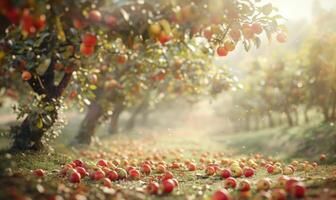 Apple orchard with trees full of ripe apples photo