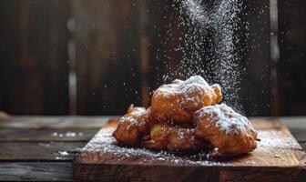 Apple fritters with a dusting of powdered sugar on a rustic wooden board photo