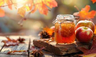 Apple jam in a clear glass jar on a rustic table with autumn decorations photo