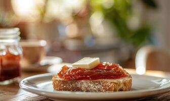 Apple jam on a slice of bread with butter photo