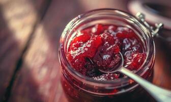 Apple jam in a clear jar with a small spoon inside photo
