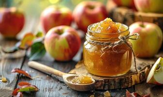 Apple jam in a glass jar with a ribbon tied photo