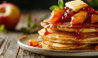 Apple jam on a stack of pancakes with butter melting on top photo