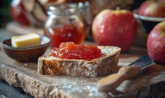 Apple jam on a slice of bread with butter photo