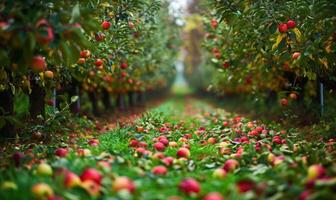 Apple orchard with rows of apple trees fallen apples on the ground photo