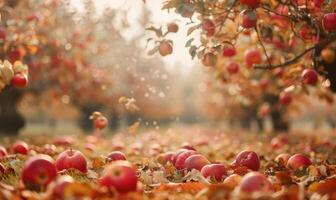 Apple orchard with trees full of autumn apples fallen apples on the ground photo