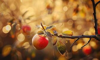 Apple on a branch with autumn colors in the background photo
