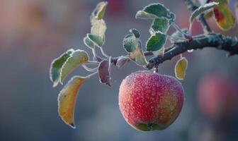 Apple on a branch with a slight frost photo