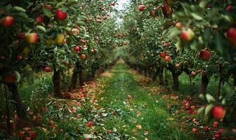 Apple orchard with rows of apple trees fallen apples on the ground photo
