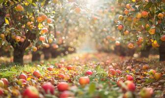 Apple orchard with trees bearing ripe apples photo