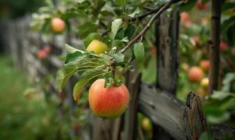 Apple on a branch with a rustic wooden fence in the background photo