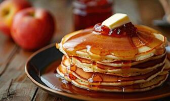 Apple jam on a stack of pancakes with butter melting on top photo