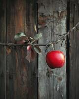 Apple on a branch with a rustic wooden fence in the background photo