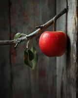 Apple on a branch with a rustic wooden fence in the background photo