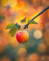 Apple on a branch with autumn colors in the background photo