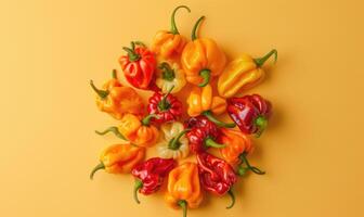 Mix of peppers on a light yellow background photo