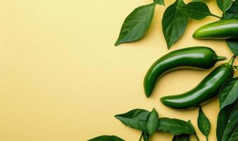 Top view of a jalapeno peppers arranged on a light yellow background photo