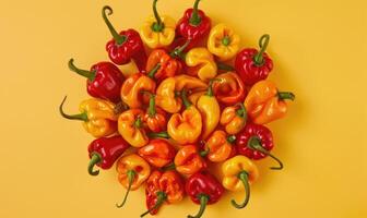Mix of peppers on a light yellow background photo