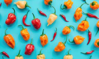 Top view of a mix of peppers scattered on a light blue background photo