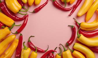Top view of bright yellow banana peppers and red chili peppers on a light pink background photo