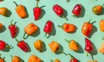 Top view of colorful peppers on a pastel green background photo
