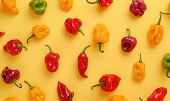 Top view of colorful peppers on a pastel yellow background photo