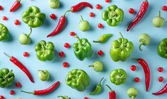 Top view of colorful peppers on a pastel green background photo