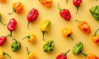 Top view of colorful peppers on a pastel yellow background photo