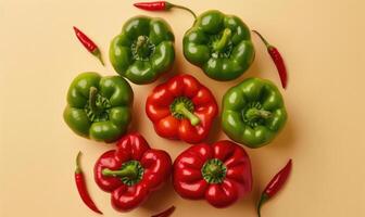 Top view of colorful peppers on a pastel yellow background photo