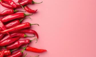 Top view of colorful peppers on a pink background photo