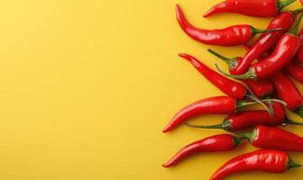 Top view of hot peppers on a pastel yellow background photo