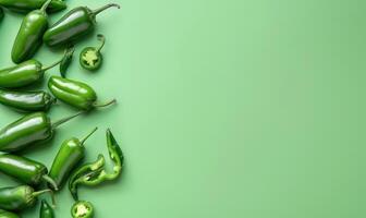Top view of hot peppers scattered on a pastel green background photo