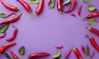 Top view of hot peppers scattered on a purple background photo