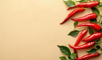 Top view of hot peppers scattered on a yellow background photo