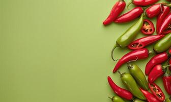 Top view of hot peppers scattered on a pastel green background photo